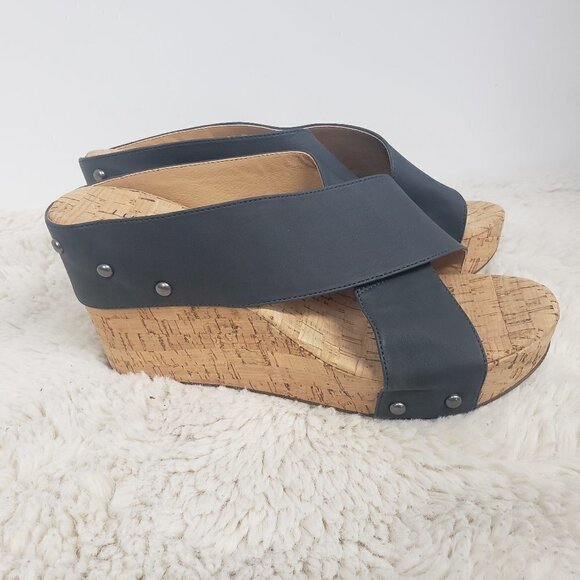 Lucky Brand Dark Slate Blue Cork Wedge Sandals Size 8.5 - Picture 4 of 11